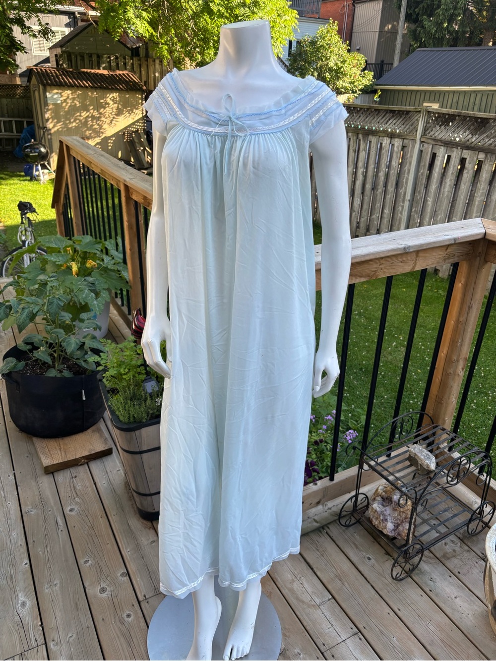 Vintage 1960s St Michael Lingerie Pastel Blue Nylon Nightgown w Lace & Ribbon